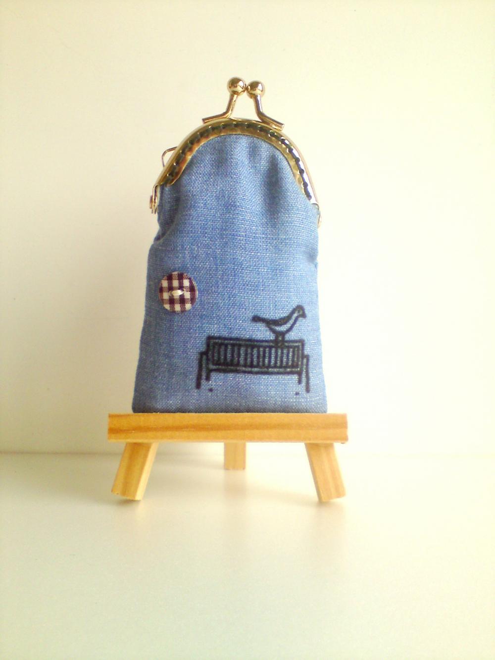 Linen Cotton Blue Bird Coin Purse
